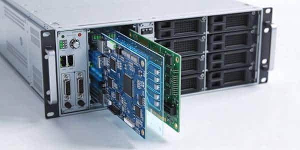 Aerospace and defense electronics module with a multilayer PCB shown to indicate internal avionics or mission systems.
