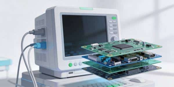 Medical electronic equipment with a multilayer PCB highlighted to represent internal medical device circuitry.