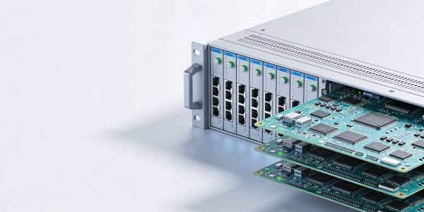 Telecommunication hardware rack with a multilayer PCB shown to suggest internal communication circuits.