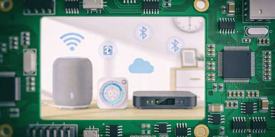 IoT and smart home PCB application showing a compact green circuit board inside a smart devices environment
