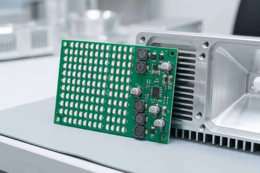 LED lighting PCB or driver board with multiple LEDs and power components next to part of a lighting housing