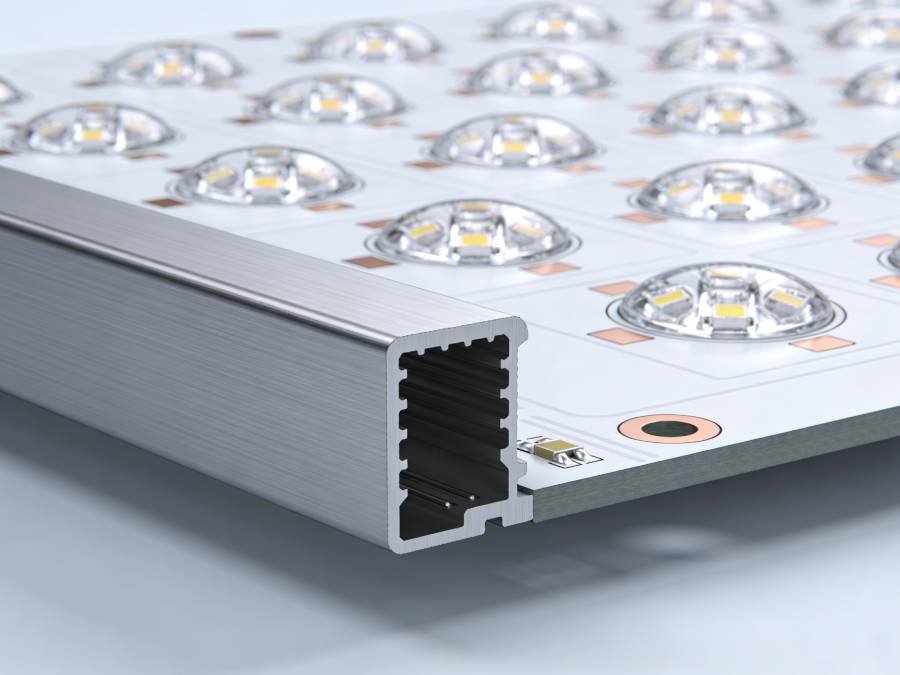 Metal-core PCB panel with multiple LED module footprints for high-power LED grow light applications, highlighting the thick metal core for thermal performance.