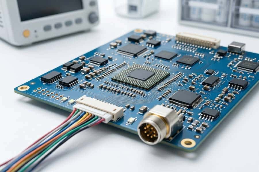 Medical electronics PCB with fine-pitch SMT components and connectors on a clean background for monitoring or diagnostic devices