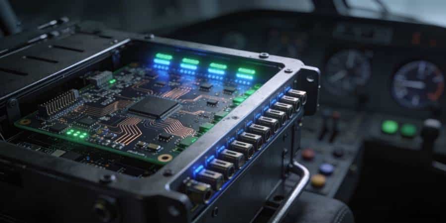 High-reliability multilayer PCB prototype mounted in an industrial or aerospace-style enclosure with status LEDs glowing.