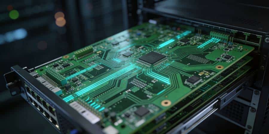 Multilayer PCB prototype used in high-speed digital communication equipment, showing dense differential pair routing in a network system.