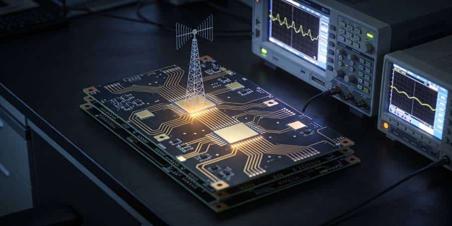Multilayer PCB prototype for RF and high-frequency applications placed next to RF test equipment on a dark lab bench.
