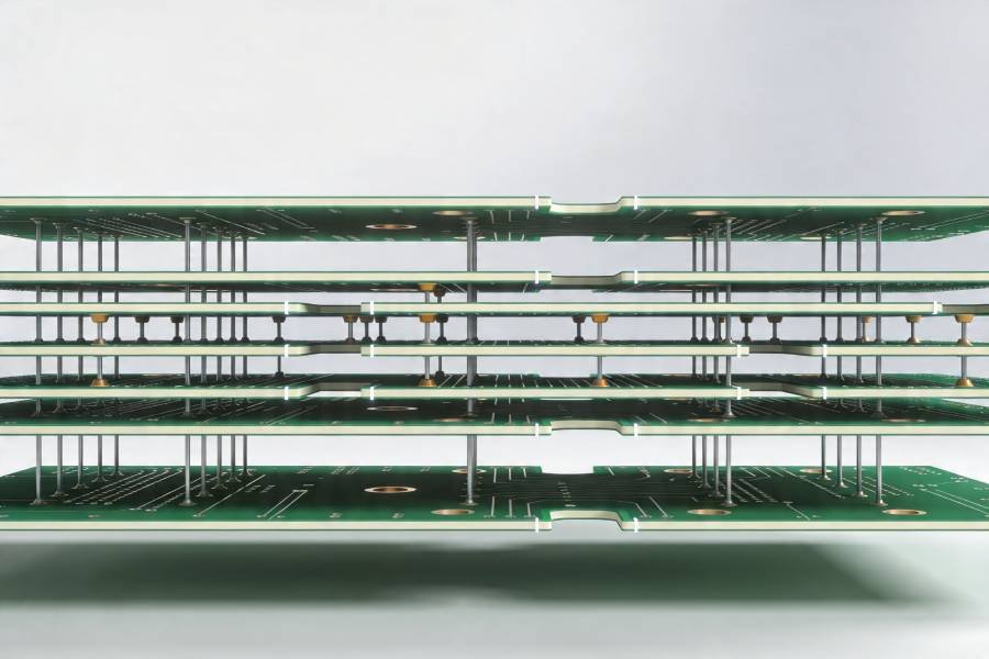 Multilayer PCB stackup illustration with multiple copper layers and vias in cross section