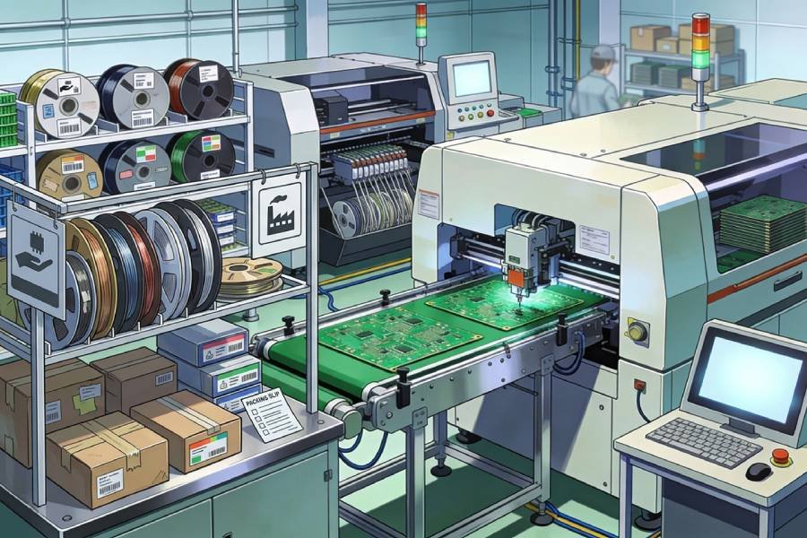 Partial turnkey SMT PCB assembly with some customer-supplied components and factory-sourced parts arranged at a professional SMT assembly workstation