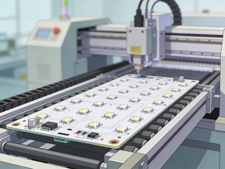 SMT assembly scene with a populated LED grow light PCB on a conveyor, showing high-power LEDs and components mounted on a white PCB.