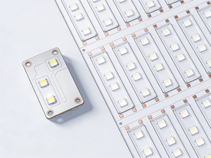 Illustration of prototype and production LED grow light PCBs arranged in a workflow concept, representing turnkey manufacturing support from samples to volume production.