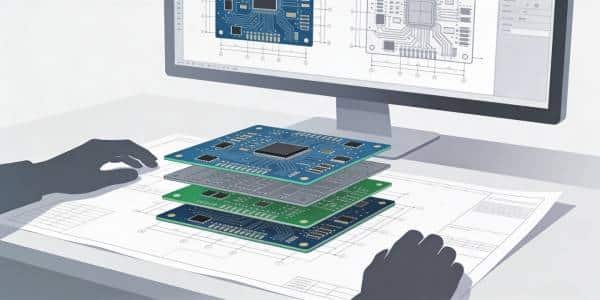 Engineering review scene with multilayer PCB data and stack-up shown on a screen and board drawings on the desk.