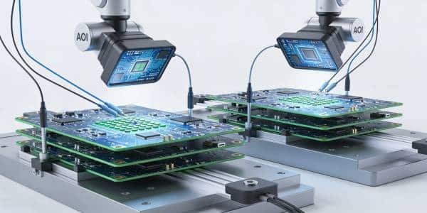 Inspection setup with multilayer PCBs under AOI and electrical test equipment for visual and electrical checks.