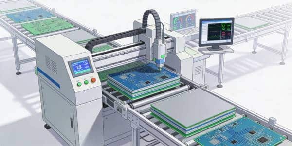 Multilayer PCB manufacturing line with equipment and control screens suggesting monitored process parameters.