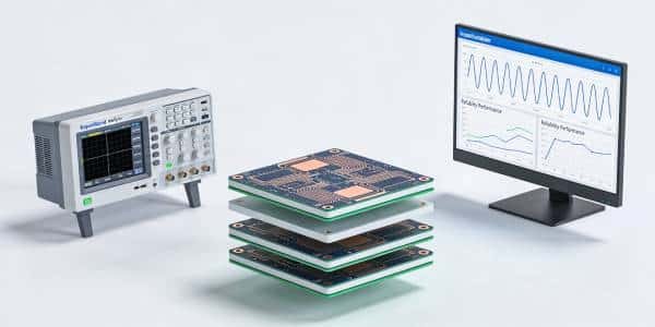 Measurement instruments and multilayer PCBs with screens showing abstract waveforms to suggest impedance and reliability verification.