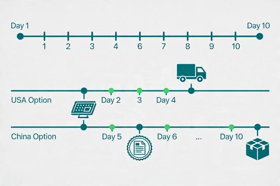 Timeline illustration comparing quick-turn multilayer PCB lead times from USA versus China, showing 2–4 days vs 5–10 days