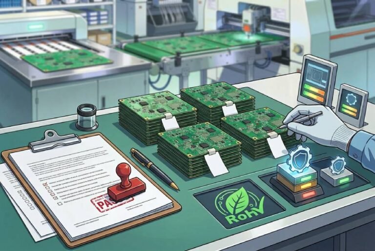 SMT assembled PCBs stacked beside quality documents and checklists symbolizing IPC Class 2 and Class 3 builds and RoHS compliance