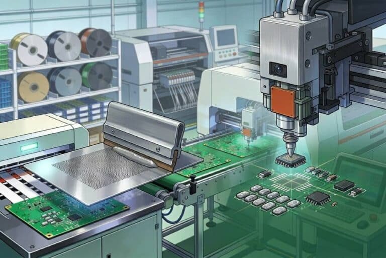 SMT stencil printing solder paste onto PCB pads and a pick-and-place machine accurately placing components to ensure stable assembly quality