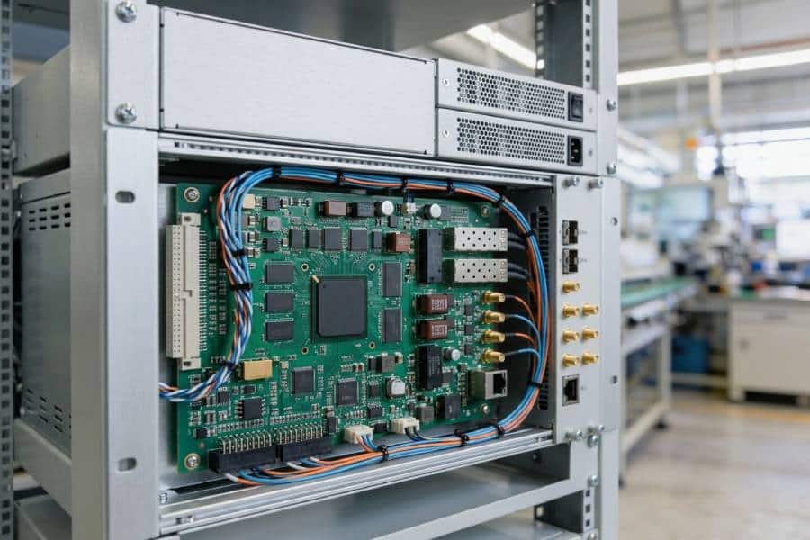 Telecom or networking PCB with SMT connectors, transformers and chips positioned near communication rack equipment
