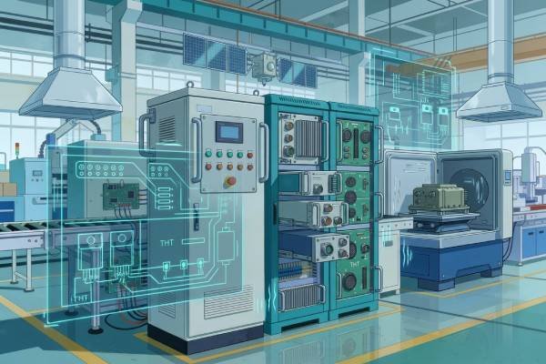 Aerospace, defense, and harsh-environment electronics illustration with rugged modules suitable for through-hole PCB assembly.