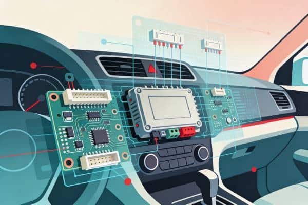 Automotive electronics illustration showing vehicle control modules and in-vehicle PCBs for through-hole PCB assembly applications.