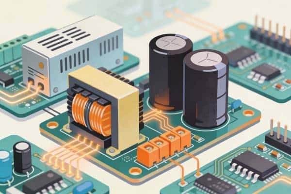 Power supply and power electronics illustration with transformers, capacitors, and terminal blocks on PCBs for through-hole assembly applications.