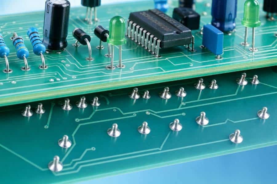 Through-hole PCB assembly showing component leads inserted through drilled holes and soldered on the back side