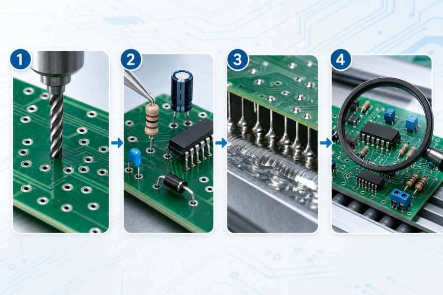 Diagram of through hole PCB assembly process: drilling, component insertion, wave soldering, and inspection