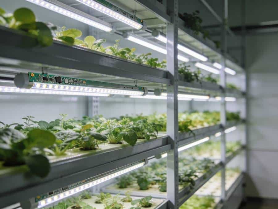 Indoor vertical farming system with stacked shelves of plants lit by slim LED grow light bars, showing applications for linear LED grow light PCBs.