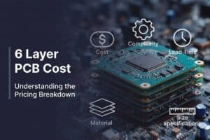 6 layer PCB cost and pricing breakdown guide cover showing circuit board with cost factor icons