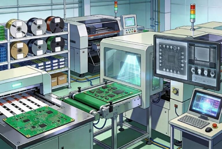 X-ray inspection machine examining SMT assembled PCBs with hidden BGA and QFN components, showing solder joints on a monitor