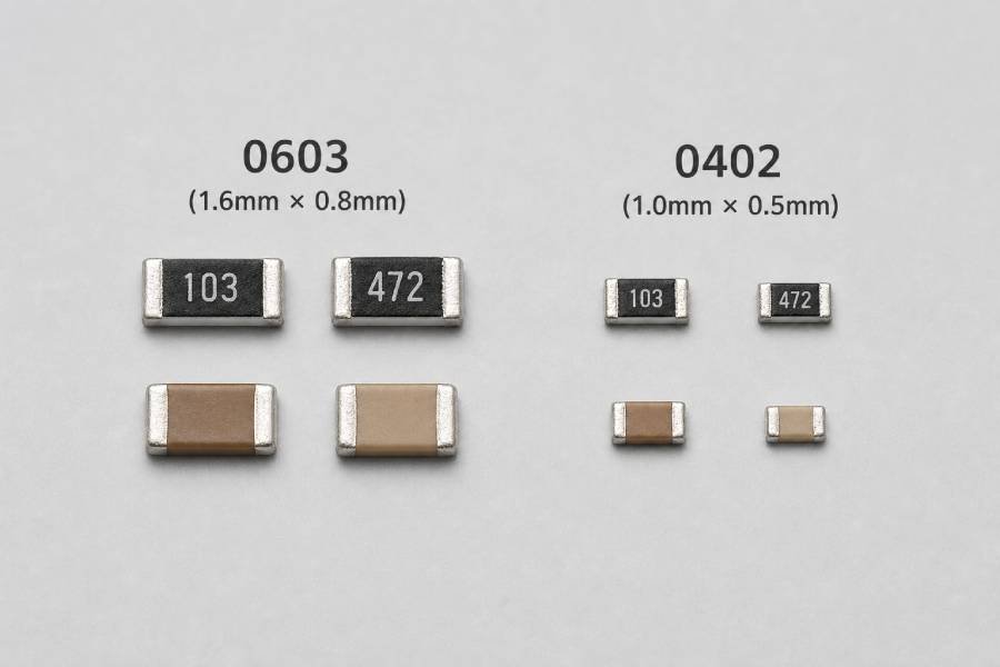 0603 and 0402 SMD resistors and capacitors side by side on a neutral background