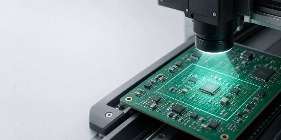 Illustration of a PCB under an AOI machine for an AOI inspection section