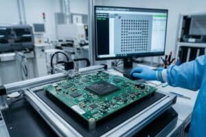 A professional cinematic close-up of a BGA component on a complex green PCB within a high-tech electronics factory. In the background, a monitor displays a technical X-ray scan of solder balls, highlighting the quality inspection process.