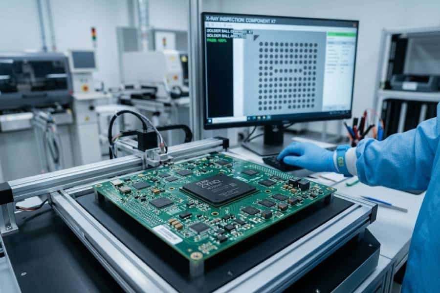 A professional cinematic close-up of a BGA component on a complex green PCB within a high-tech electronics factory. In the background, a monitor displays a technical X-ray scan of solder balls, highlighting the quality inspection process.