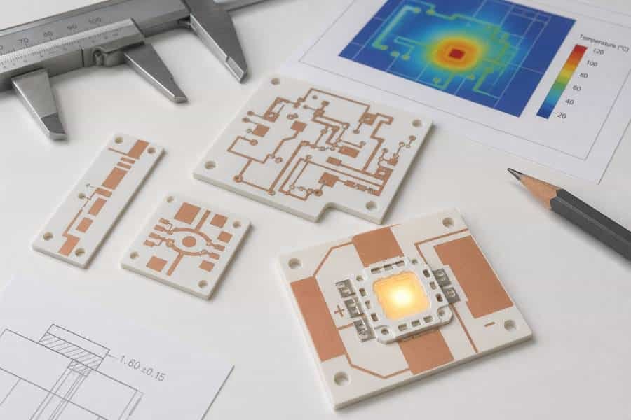 several ceramic PCBs with visible copper traces on a clean engineering workbench.