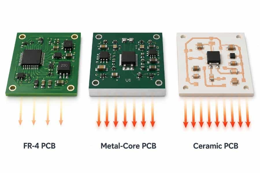 Comparing FR-4, metal-core, and ceramic PCBs with simple heat-flow visuals.