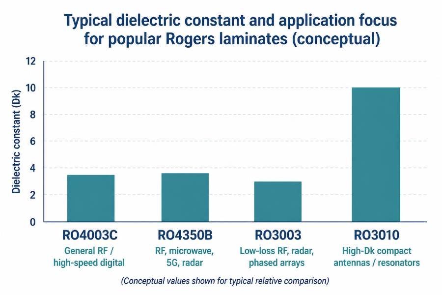 conceptual chart comparing typical dielectric constants and application focus for ro4003c, ro4350b, ro3003 and ro3010