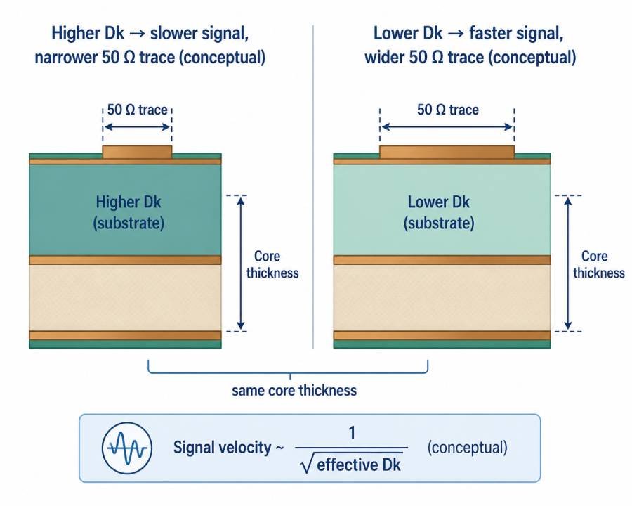 conceptual illustration of how higher and lower dielectric constant affect signal speed and 50 ohm trace width in pcb materials.