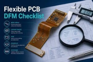 Flexible PCB DFM checklist cover image showing a flex circuit with bend areas, vias, coverlay, and engineering tools