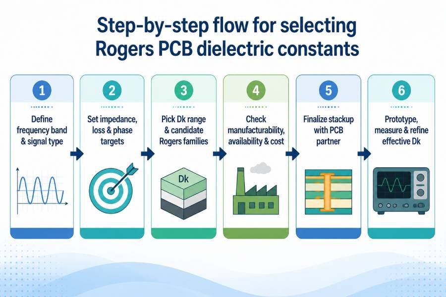 flowchart showing a six step process for selecting rogers pcb dielectric constants and high frequency materials