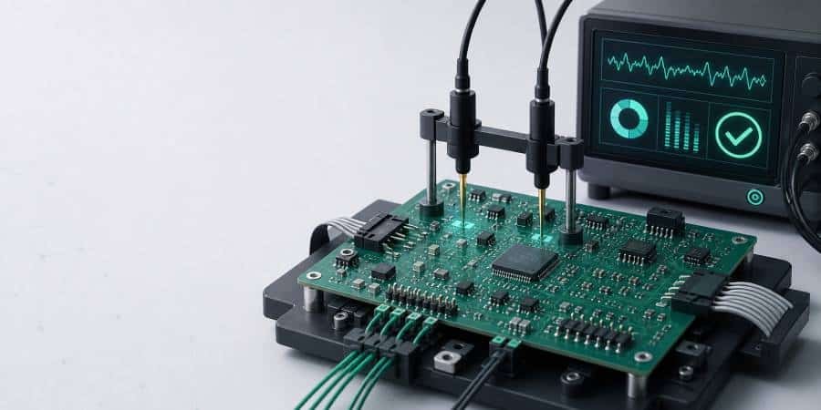 Illustration of a mixed-technology PCB undergoing electrical or functional testing.
