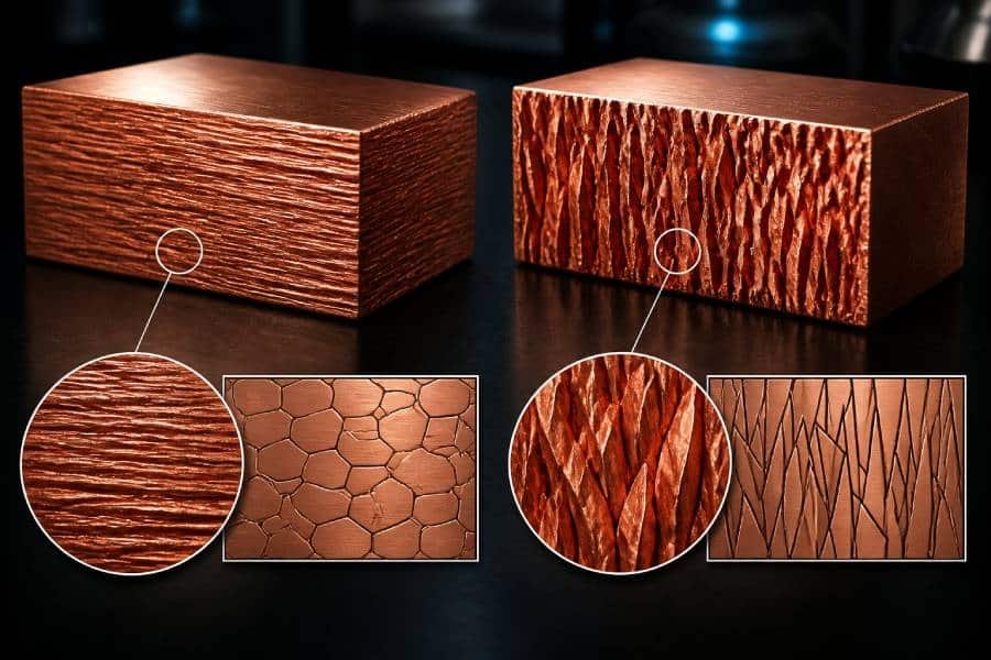 RA copper and ED copper microstructure comparison showing smoother RA foil and rougher ED foil