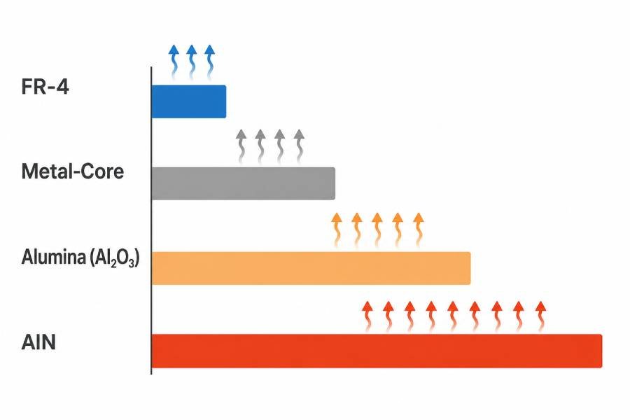 simplified thermal performance comparison of fr 4, metal core, alumina, and aln pcb substrates
