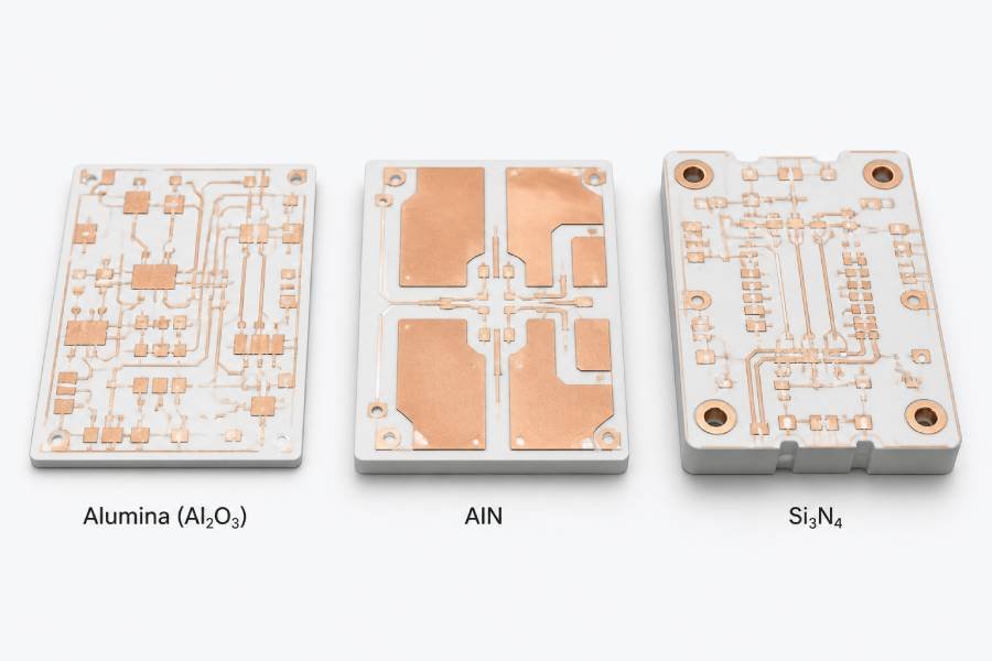 Three main ceramic PCB material options—Alumina, AlN, and Si3N4—displayed side by side.