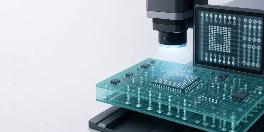 Illustration of X-ray inspection of a PCB showing hidden solder joints.