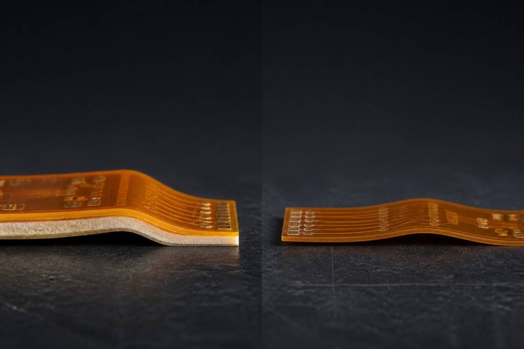 Side-by-side comparison of adhesive-based and adhesiveless flexible PCB construction
