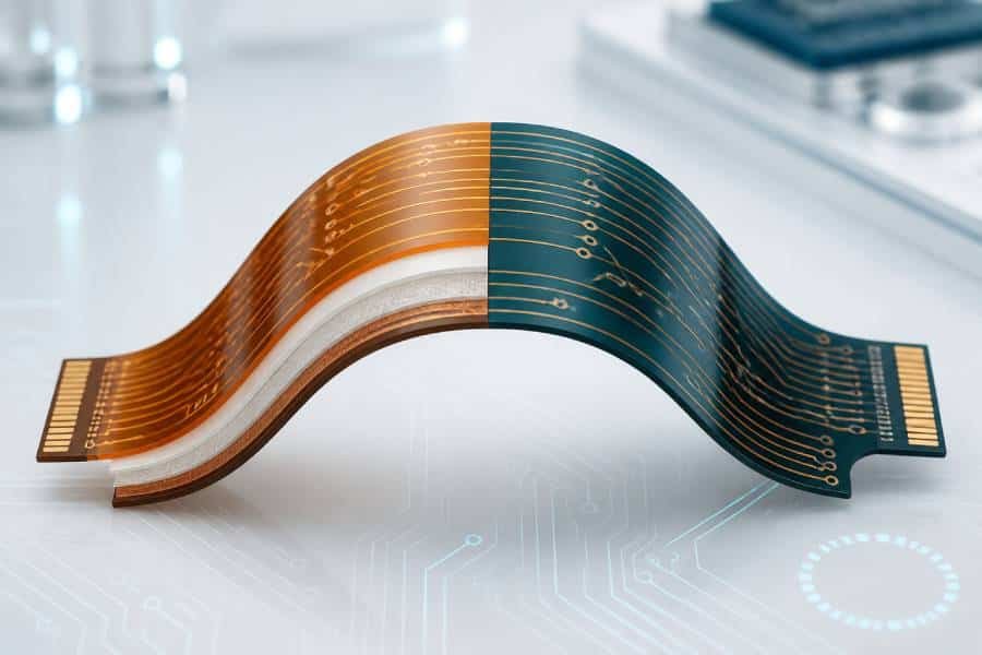 Adhesive vs. adhesiveless flex PCB comparison cover showing layered flexible circuit board structure