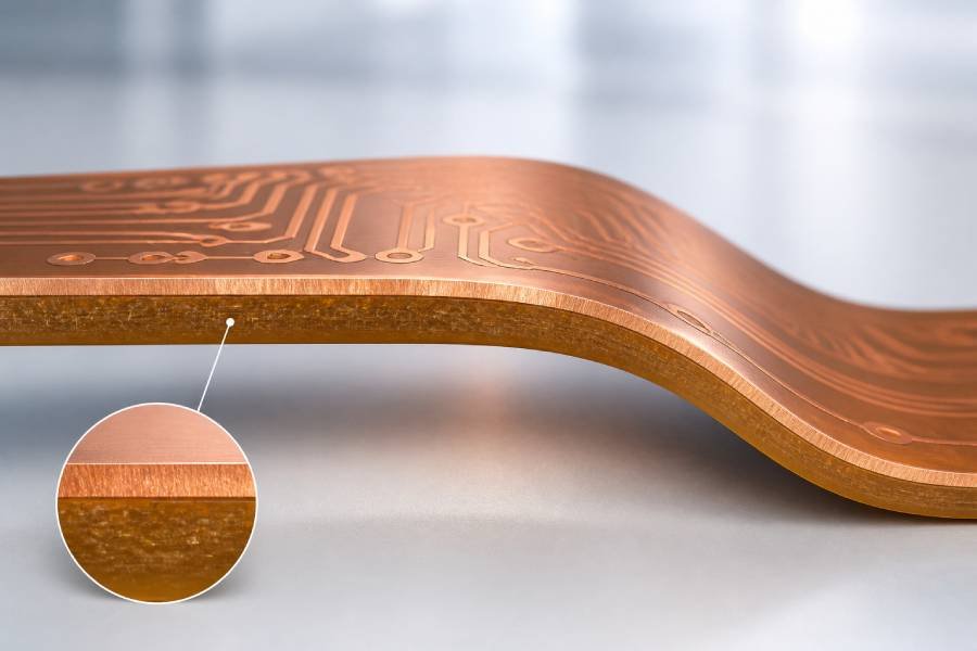 Adhesiveless flex PCB cross section showing copper foil directly bonded to polyimide substrate