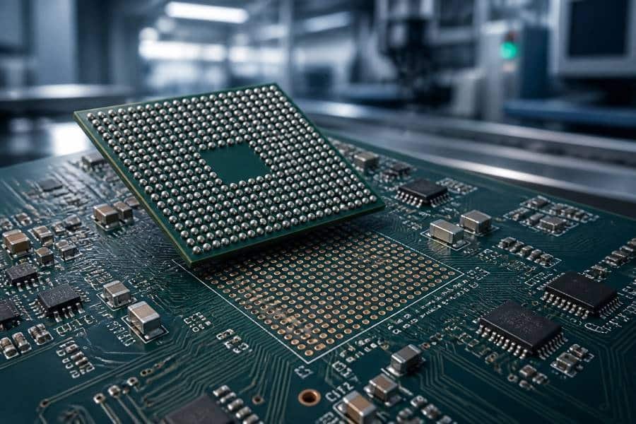 High‑density BGA chip mounted on multilayer PCB, showing solder ball array and fine‑pitch routing for assembly process.
