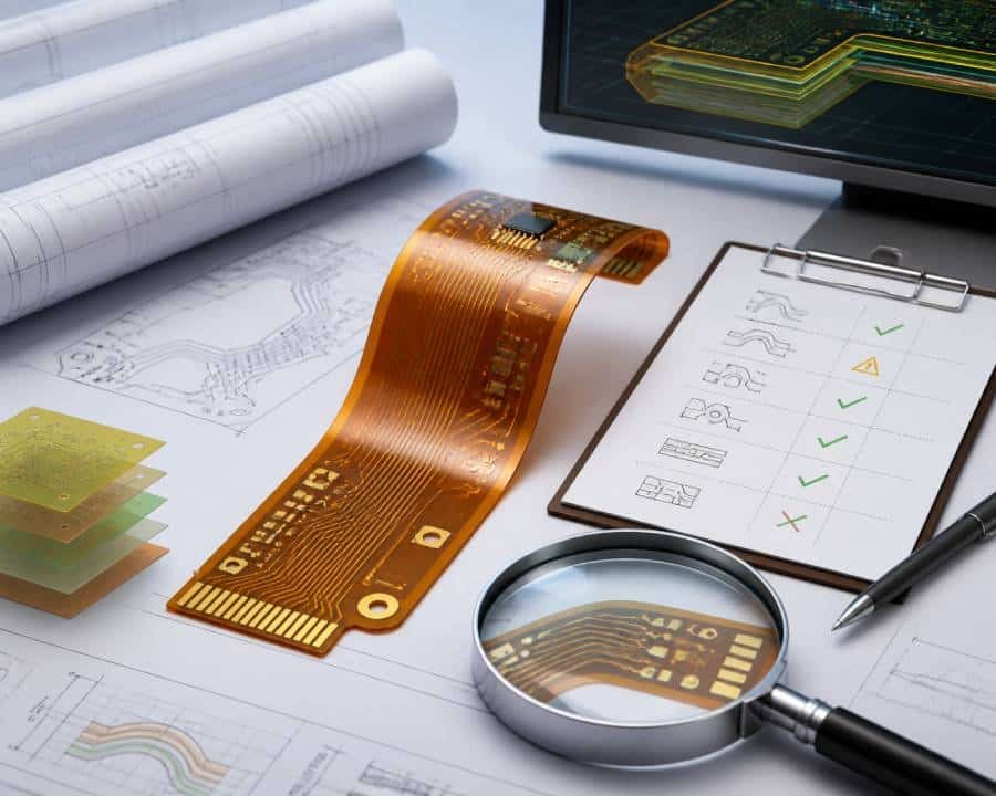Flexible PCB DFM review diagram showing design checklist and manufacturability inspection